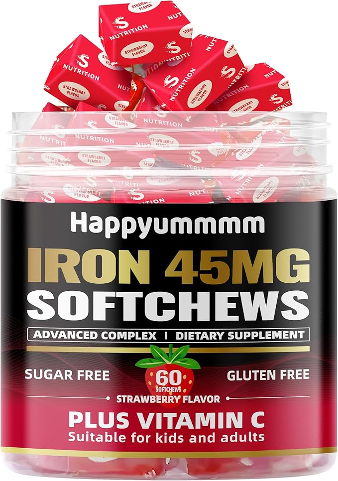 Iron Soft Chews Supplement with Vitamin C | Strawberry Flavored | Gluten Free | Iron Supplement for Women Men and Kids | 60 Count | 2 Month Supply