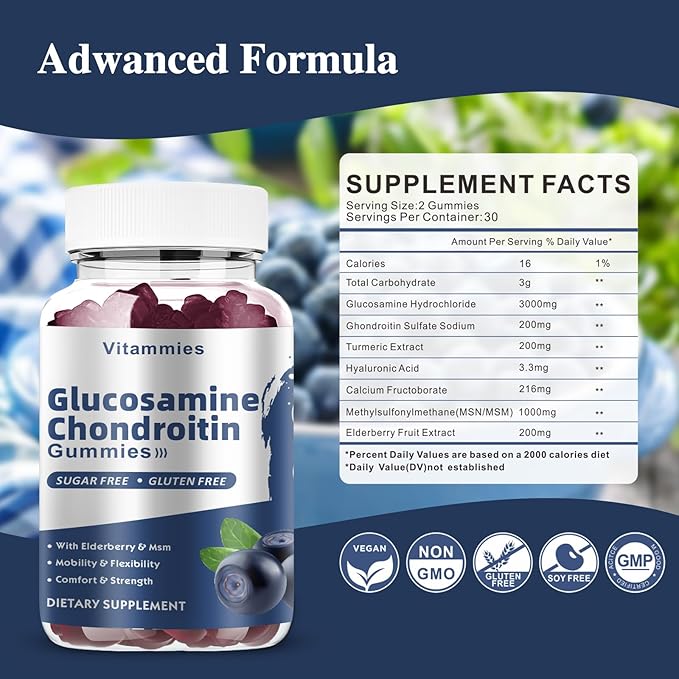 Glucosamine Chondroitin Gummies with MSM & Elderberry Extra Strength - Joint Support, Antioxidant Immune Support Supplement for Adults, Men & Women Minerals, coenzyme Q10, DHA- 60 Blueberry Gummies