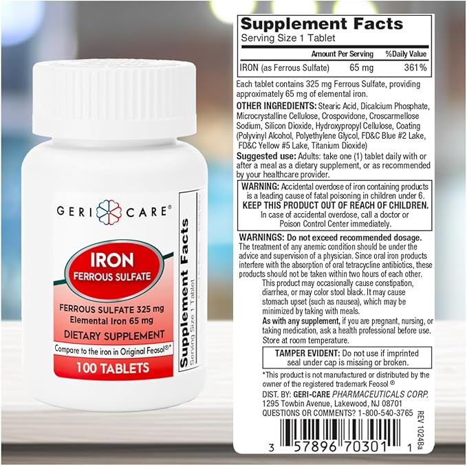 GeriCare Ferrous Sulfate Tablets 325mg, Elemental Iron 65 mg High Potency Iron Supplement | Dietary Supplement 100 Count. (Pack of 2)