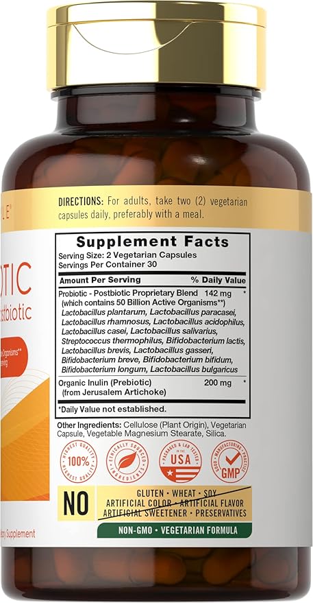Carlyle Probiotic for Women and Men | 50 Billion CFU | 60 Capsules | Plus Prebiotic and Postbiotic | Complex Supplement | Vegetarian, Non-GMO, and Gluten Free