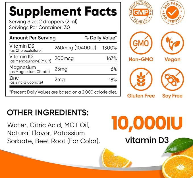Venture Pal Vitamin D3 10000 iu Plus K2 (MK-7) 200 mcg Liquid Drops, Magnesium & Zinc MCT Oil | for Bone, Mood & Immune Health | High Absorption VIT K2 D3 Vitamin Supplement(Orange,2 Fl Oz)