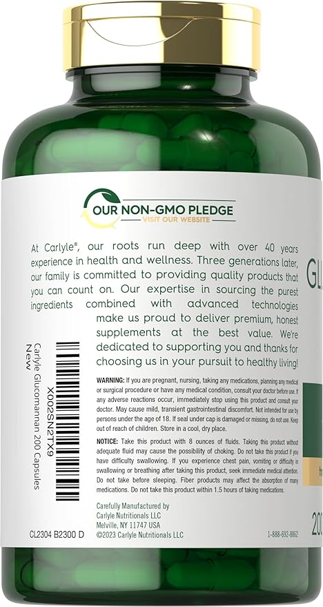 Carlyle Glucomannan Capsules | 200 Count | Soluble Fiber Pills | Non-GMO, Gluten Free Supplement