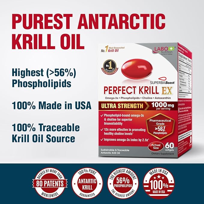 LABO Nutrition Perfect Krill EX, 1000mg Antarctic Krill Oil Omega 3 EPA DHA, Highest Phospholipids (Over 56%) with Choline, Astaxanthin | Heart Brain Eye Joint Health, Made in USA, 60 softgels
