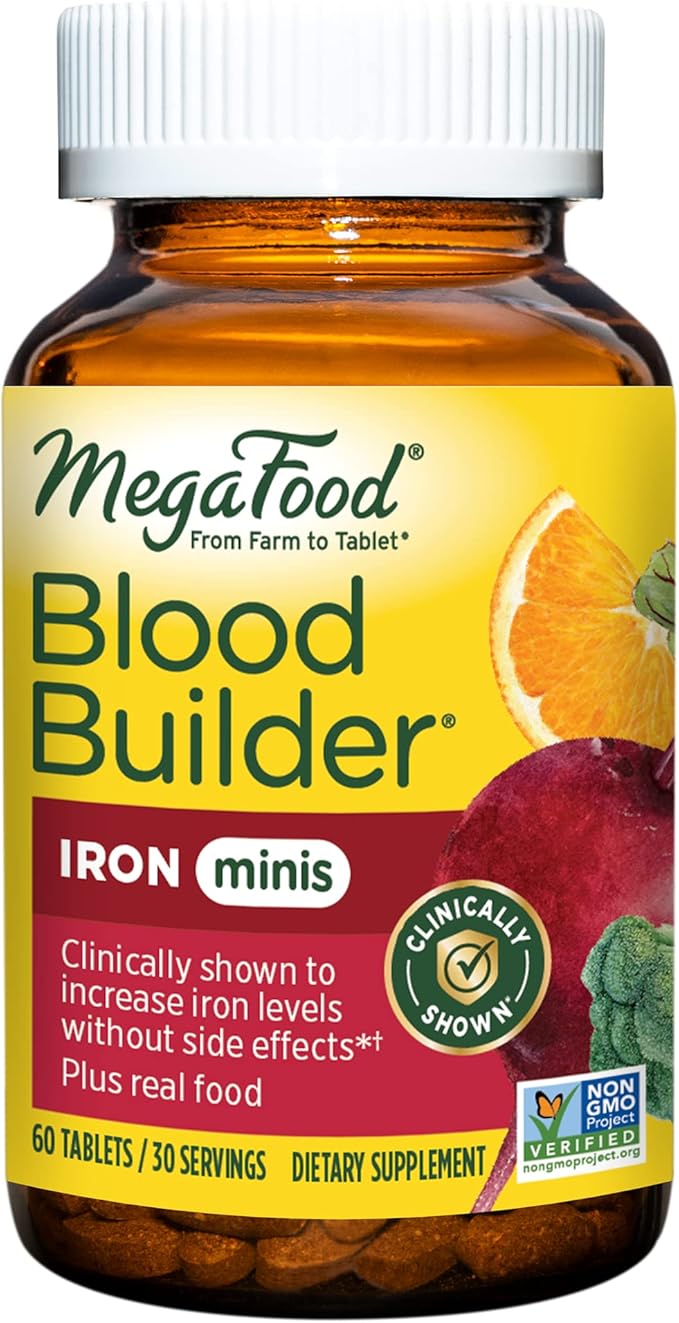 MegaFood Blood Builder Minis, Iron Supplement Clinically Shown to Increase Iron Levels Without Side Effects - Vegan Supplement with Vitamin C, Vitamin B12 & Folic Acid, 60 Tablets (30 Servings)