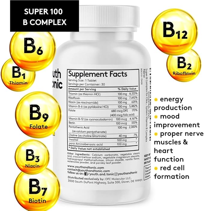 Youth & Tonic Super B Complex B-100 with Choline, Inositol & PABA – High Potency B1, B2, B3, B5, B6, Biotin & B12 – Energy, Mental Clarity, Stress & Nervous System Support – 1-Month Supply