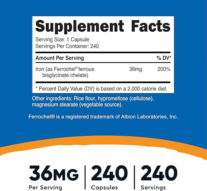 Nutricost Chelated Iron, As Ferrochel, 36mg, 240 Capsules (3 Bottles)
