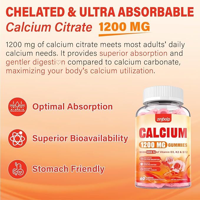 Calcium 1200 mg with Vitamin D3 Supplement for Adults - Calcium Gummies with Vitamin D3 5000IU, K2, B12 for Women Men - Extra Absorption Calcium Citrate - Natural Strawberry Flavor, 120 Gummies