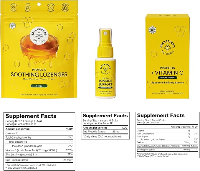 Beekeeper's Naturals Immune Support Kit | Propolis Throat Spray - Honey Cough Drops - Vitamin C Liposomal | Effective & Natural Sore Throat Relief