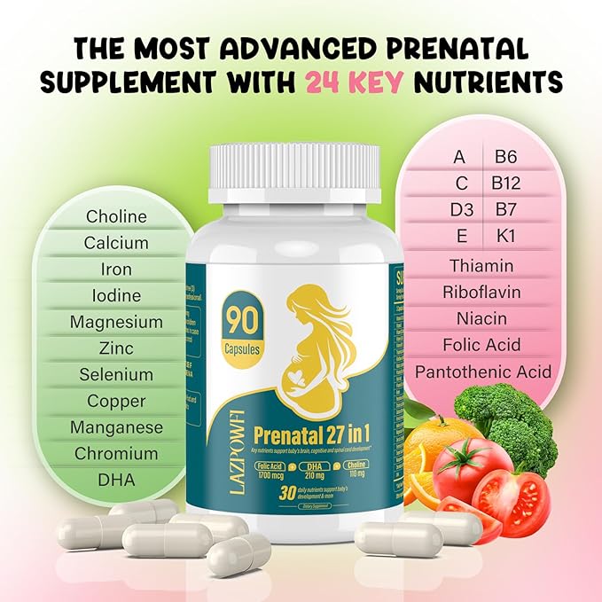 Prenatal Vitamins for Women multivitamin with Folic Acid DHA Choline for Pregnant and Breastfeeding Women Niacinamide Biotin and Minerals 27 in 1 Needed Supplement 90 Capsules-30 Servings-Yellow