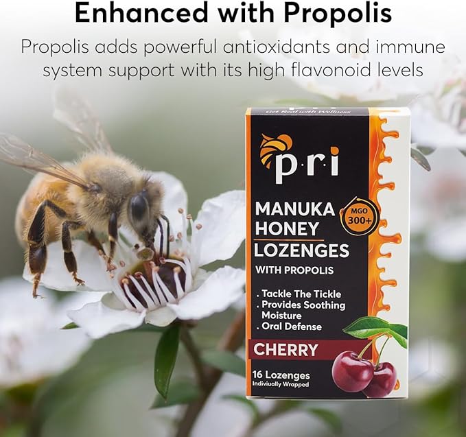 P.R.I Manuka Honey Lozenges with Propolis, Soothing Cough and Throat Drops, MGO 300+ Certified, (Cherry, 16 Count)