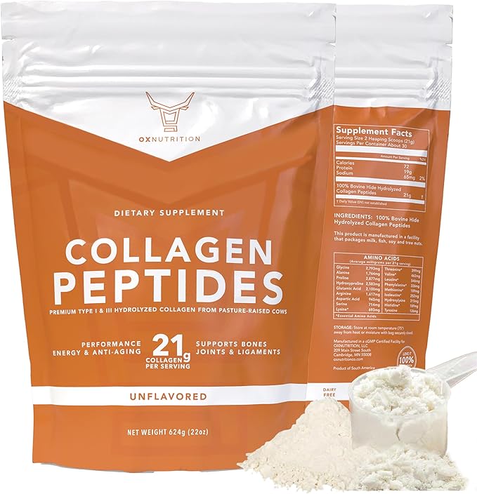 Collagen Peptides Powder, Large 22oz, Hydrolyzed Collagen, Collagen Powder for Healty Skin Hair Nail Joints, Grass Fed, Pasture Raised, Certified cGMP, Non-GMO, Gluten Free, 3P Tested Unflavored