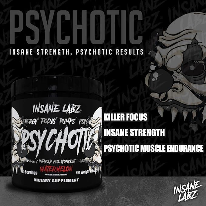 Insane Labz Psychotic Black Edition Mid Stimulant Pre Workout Powder, Energy Focus Pumps, Loaded with Creatine Beta Alanine Taurine Fueled by AMPiberry, 35 Servings (Gummy Candy)