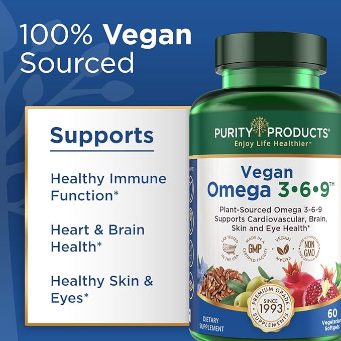 Purity Products Omega 3-6-9 Vegan and Vegetarian Formula - “5 in 1” Essential Fatty Acid Complex - Scientifically Formulated Plant-Based Omega 3 6 9 Essential Fatty Acids (EFA) - from (60)