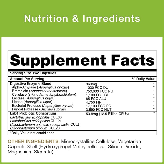 Probiotics with Digestive Enzymes | Acidophilus & Bifidus | 30 Capsules | 25 Billion Probiotics Per 2 Capsules | Supports Digestion and Absorption | Lactose Free, Gluten Free, Vegetarian