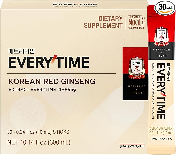 Everytime Korean Red Ginseng Extract 2,000mg - Adaptogen Energy Drink, Liquid Stick Supplements with Propolis - Energy Boost & Immune Support, Caffeine Free (30 Sticks, 0.34 fl oz)