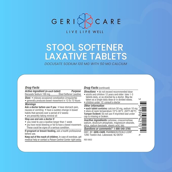 GeriCare Docusate Sodium Stool Softeners, Best Stool Softener for Daily use for Women, Men, and Elderly - Ideal for Constipation Relief 100mg Crushable Tablets. (100 Count) Made in the USA (Pack of 2)