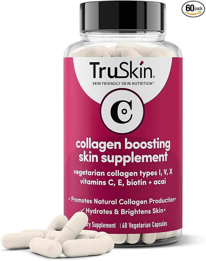 TruSkin Collagen Supplements – Vegetarian-Friendly Multi Collagen for Skin with Biotin, Vitamin C & Acai Superfood Complex – Support Natural Collagen Production, Hydrate & Brighten Skin, 60 Capsules