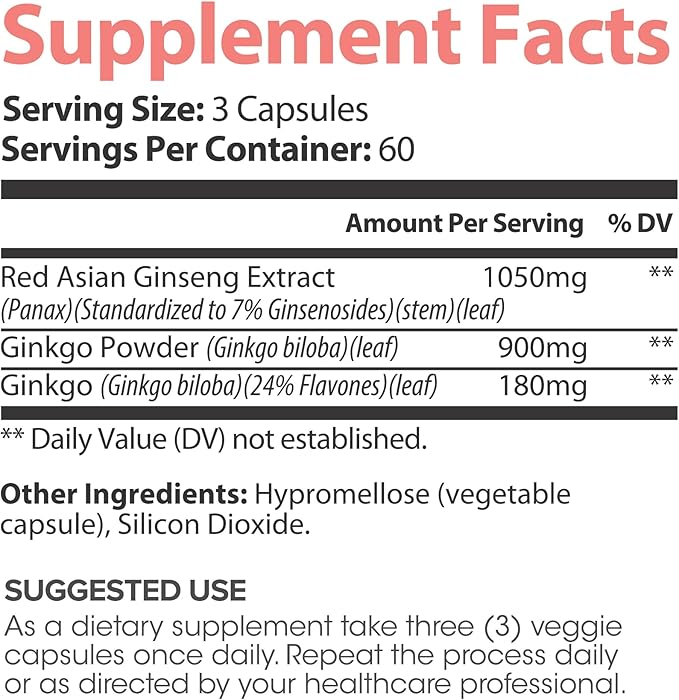 Ginkgo + Ginseng for Women – with Red Asian Ginseng Extract & Ginkgo Powder – 180 Veggie Capsules – 60 Servings – Non-GMO, Vegan & Gluten-Free (180 Count (Pack of 1))