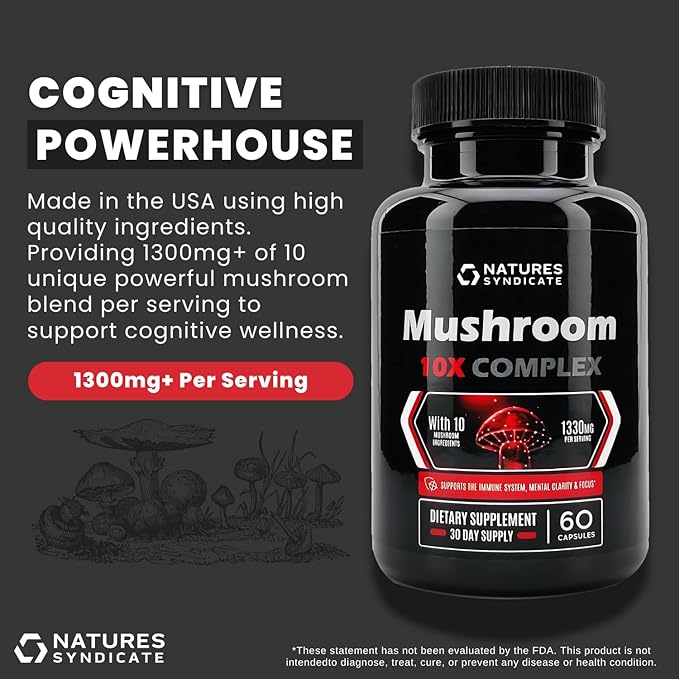 Mushroom Complex Supplement - Natural Brain Nootropic for Cognitive Wellness, Clarity, Focus, Memory & Immune System Support, 10 Mushroom Cordyceps, Reishi, Lions Mane, Turkey Tail