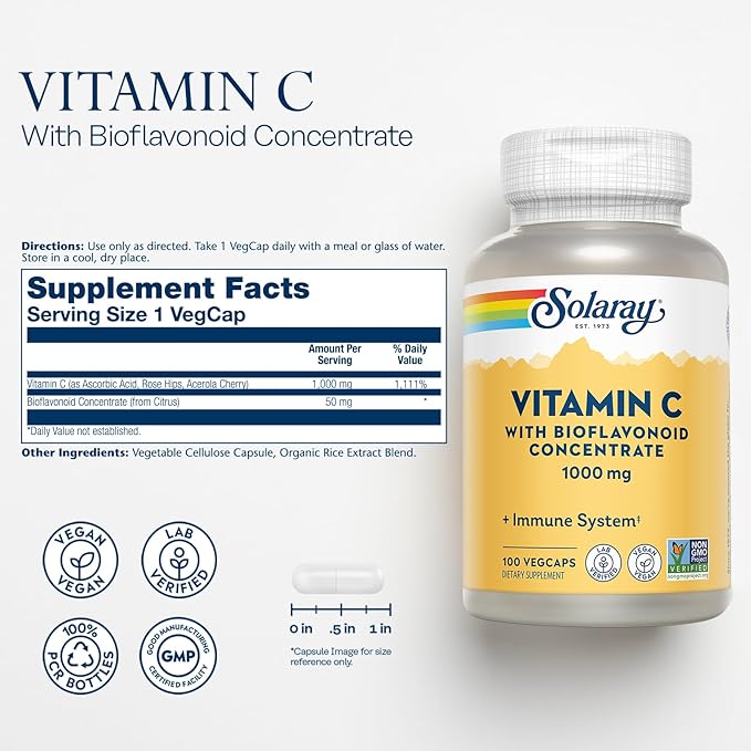 SOLARAY Vitamin C with Bioflavonoid Concentrate - Rose HIPS, Acerola Cherry and Bioflavonoids - Vitamin C 1000mg - Immune Function, Skin, Hair, Nails Support - Vegan - 100 Servings, 100 VegCaps