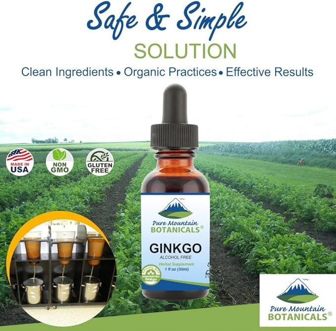 Pure Mountain Botanicals Gingko Biloba Liquid Extract Drops – Alcohol Free Tincture of Wild Harvest Ginkgo Biloba Leaf Supplement