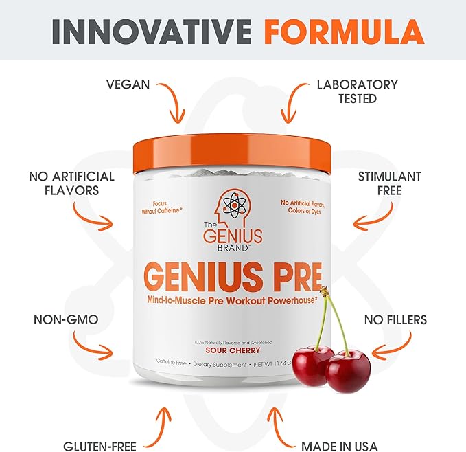 Genius Pre Caffeine-Free Pre Workout Boosted Energy, Focus, Performance Nootropic Formula AlphaSize, Citrulline Malate, CarnoSyn Beta Alanine Endurance, Stamina, Recovery, 20 Servings - Sour Cherry