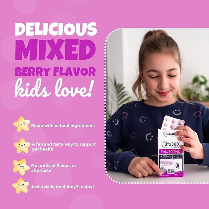 Probiotics for Kids - 15 Strains & 5 Billion CFU Supports Brain, Immune & Digestive Health - Kids Probiotic Chewable with Organic Prebiotics for Gut & Constipation, Mixed Berry Flavor, 30 Count