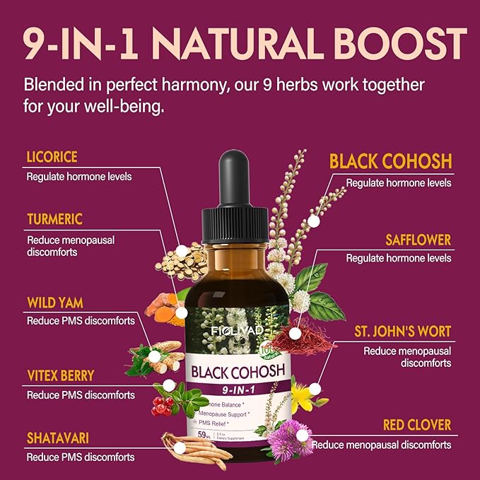 Black Cohosh Root for Women Menopause Support Drops for Hot Flashes & Night Sweats, 9-in- 1 Herbal Extract Supplement Tincture, Blend with Red Clover Shatavari Support PMS Relief. 2oz