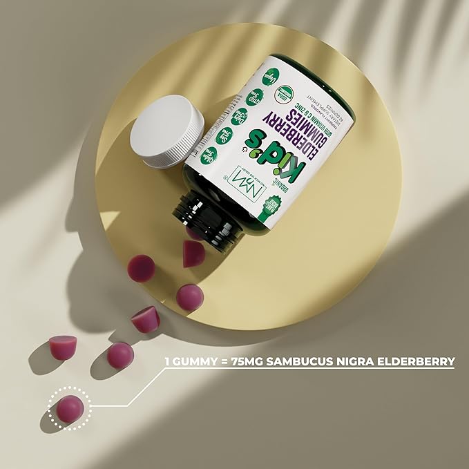 Organic Kids Elderberry Gummies with Zinc and Vitamin C | Immune Boosting Sambucus Elderberry Rich in Antioxidants | Plant Based, Gluten Free, 60 Vegan Gummies