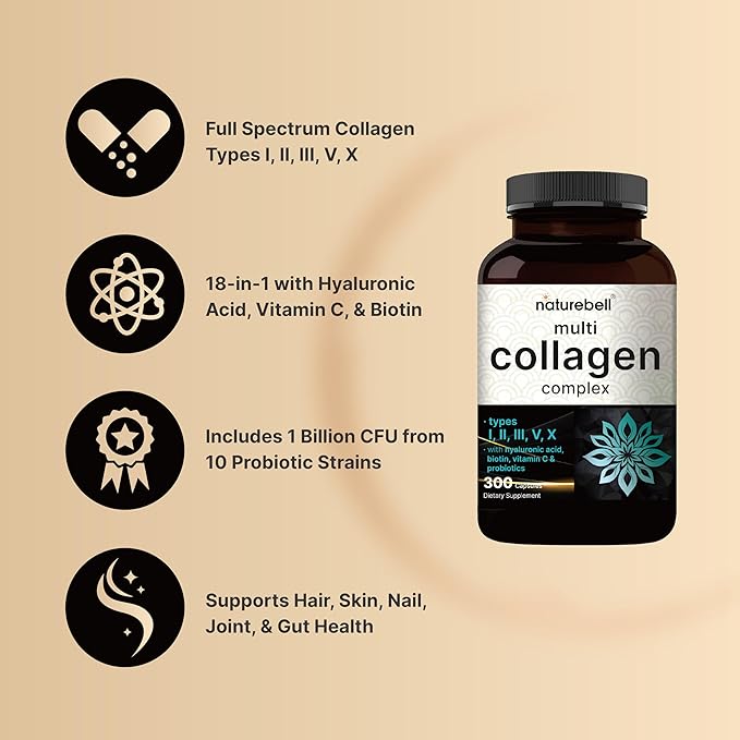 NatureBell Multi Collagen Complex, 300 Capsules | 5 Collagen Peptides (Type I, II, III, V, X) Plus Hyaluronic Acid, Biotin, Vitamin C, & Probiotics – Hair, Skin, Nail, Joint, & Gut Health Support