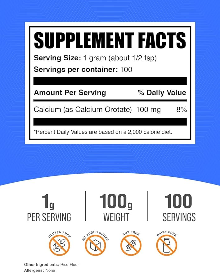 BulkSupplements.com Calcium Orotate Powder - Calcium Orotate Supplement, High Bioavailability - Unflavored & Gluten Free, 1g per Serving, 100g (3.5 oz) (Pack of 1)