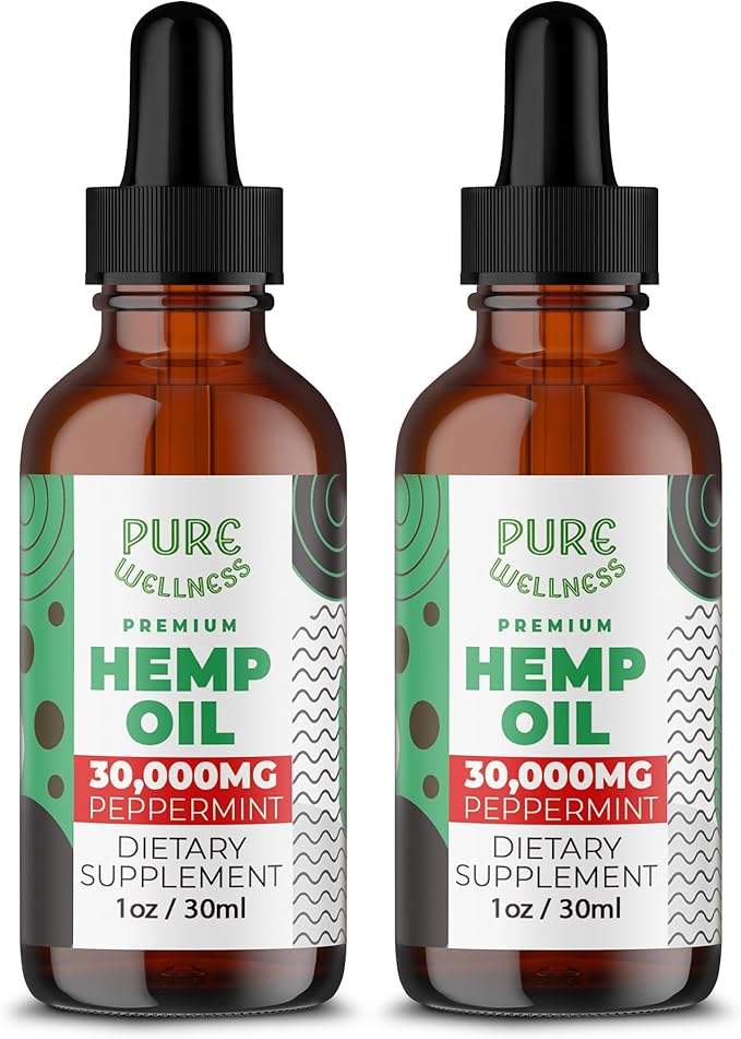 Pure Wellness Organic Hemp Seed Oil (2 Oz), Peppermint Flavor, High Potency 30,000 mg - Non-GMO, Vegan