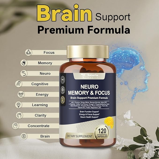 25 in 1 Brain Supplements for Memory and Focus & Neuro Health - Daily Brain Nootropic Cognitive Supplement with L-Tyrosine, Bacopa Monnieri, Ginkgo Biloba, Alpha GPC - Non-GMO, Gluten Free, Vegan