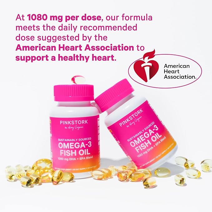 Pink Stork Omega 3 Fish Oil Supplements for Women with DHA and EPA - High Potency Burpless Omega-3 Supplement for Cognitive Health - 60 Softgels