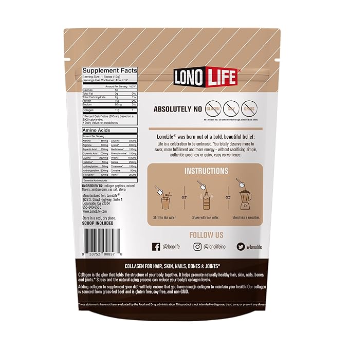 LonoLife - Mocha Collagen Peptides with 10g Protein, Paleo and Keto Friendly, 8-Ounce Bulk Container - Packaging May Vary