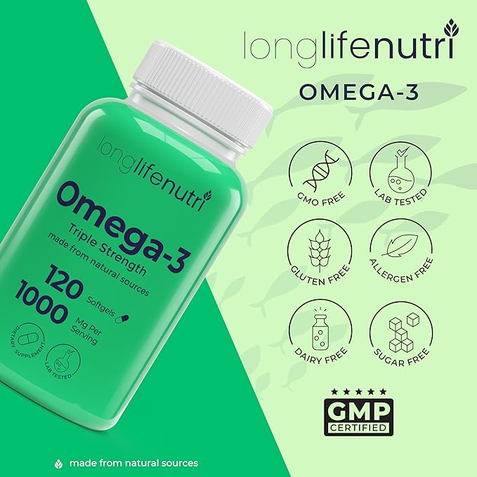 Omega 3 Fish Oil 1000mg - with High EPA & DHA, 120 Softgels, Fatty Acids Supplement for Cognitive Function, from Salmon, 4-Month Supply, GMP Certified, Made in USA