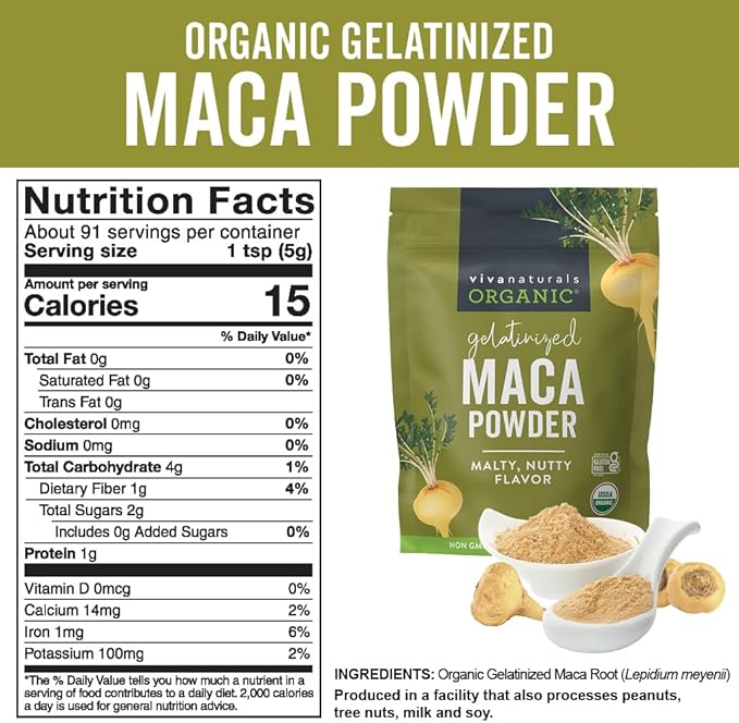 Viva Naturals Organic Maca Powder - Gelatinized Maca Powder for Easier Digestion, Vegan and Kosher Peruvian Superfood - Certified USDA Organic, Gluten-Free & Non-GMO, 1 lb Resealable Bag