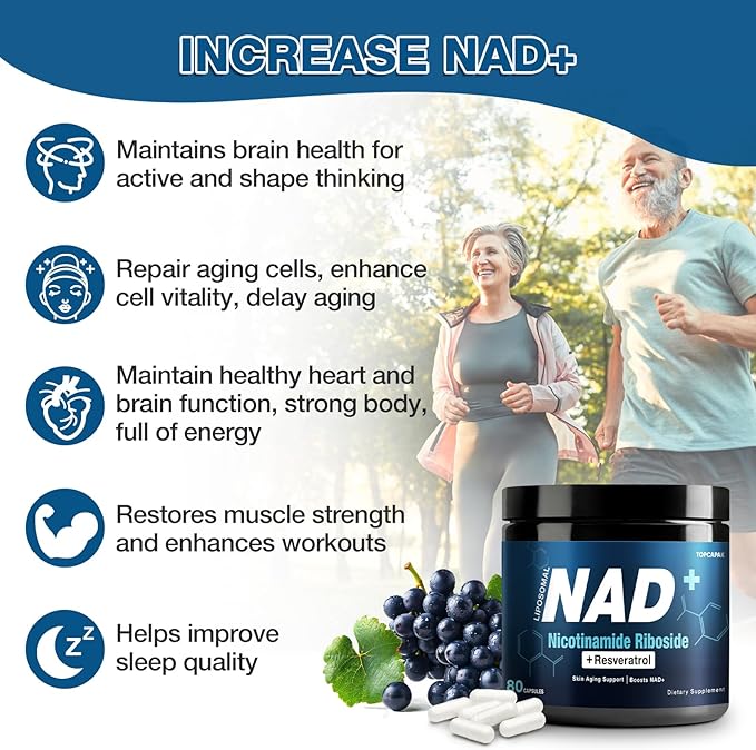 NAD+ Supplement 1000mg - Nicotinamide Riboside (NR) and Resveratrol, Liposomal NAD of Pure Organic Ingredients for Women & Men Healthy Aging, Brain and Cellular Energy, 80 Capsules(2Pcs)
