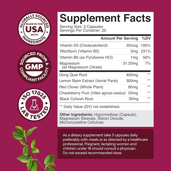 Complete Herbal Menopause Supplement for Women - Soy Free Female Hormone Balance Capsules for Night Sweats, Hot Flashes & Mood Swings with Dong Quai, Chaste Berry & Black Cohosh Root - 75 Count Pack