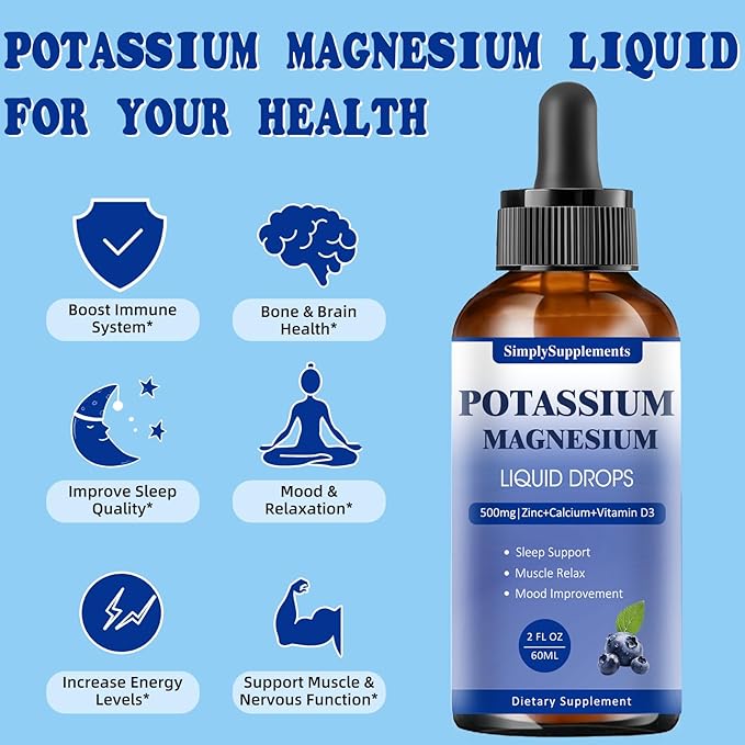 Potassium Magnesium Supplement - Potassium 99mg & 500mg Magnesium Glycinate Complex Liquid Drops with Calcium, Zinc, Vitamin B6, D3 - Energy & Bone & Muscle Support - 2 Fl oz