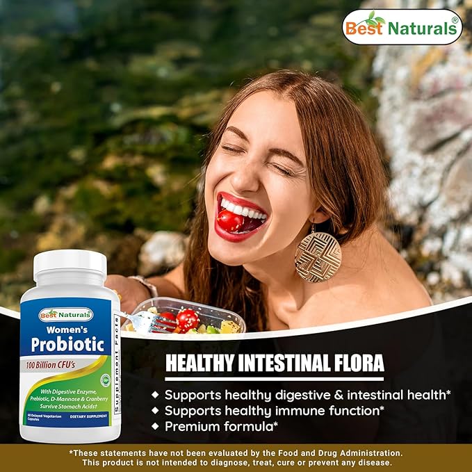 Best Naturals Probiotics for Women 100 Billion CFU - 10 Strains + Prebiotics Fiber + Digestive Enzyme Blend + Women's Health Herbal Blend - Immune, Digestive & Gut Health - 60 Deleyaed Capsules