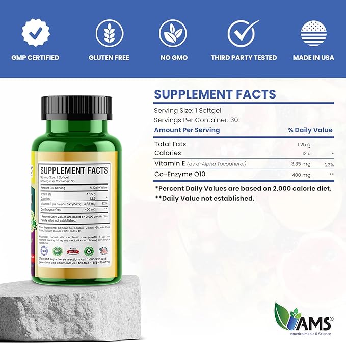 America Medic & Science Q-Well-10 (30 Pieces) | CoQ10 400mg Softgels | Nutritional Supplement with Coenzyme Q10 and Vitamin E | High Absorption Antioxidant for Enhanced Wellness and Heart Health