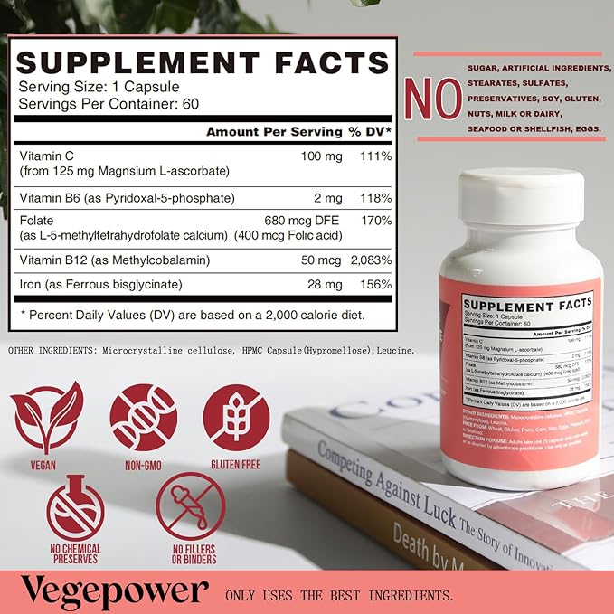 Iron Supplements for Women, Vegan Iron Bisglycinate 28mg Plus Vitamin C, Folic Acid - Iron Pills for Anemia, Iron Deficiency & Energy Support - High Absorption, Gluten-Free, Non-GMO - 60 Capsules