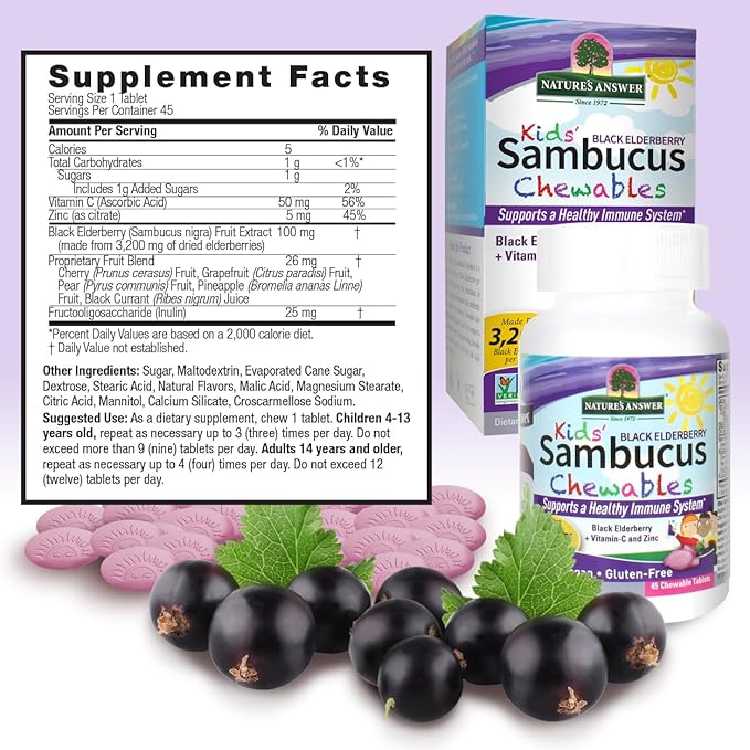 Nature's Answer Kids Sambucus Chewables Black Elderberry with Vitamin C and Zinc