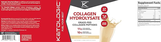 Ketologic Grass Fed Collagen Hydrolysate Powder (Vanilla) (1 LB) - 37 Servings, 11 G Collagen Per Serving, 10 G Protein Per Serving - Grass-fed Collagen Peptides