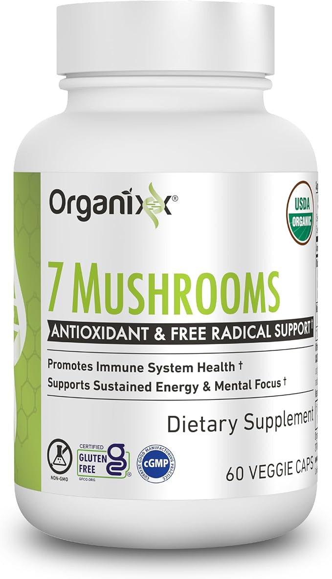 Organixx USDA Organic Mushroom Supplement, 7 Fermented Mushrooms – Lions Mane, Shiitake, Cordyceps, Turkey Tail, Reishi – for Immune & Digestion Support, 60 Vegetarian Capsules