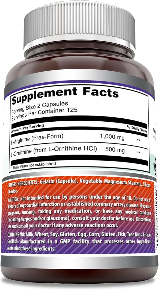 Amazing Formulas L-Arginine/L-Ornithine 1500 Mg Per Serving, Capsules | Non-GMO | Gluten Free | Amino Acid Supplement (250 Count)