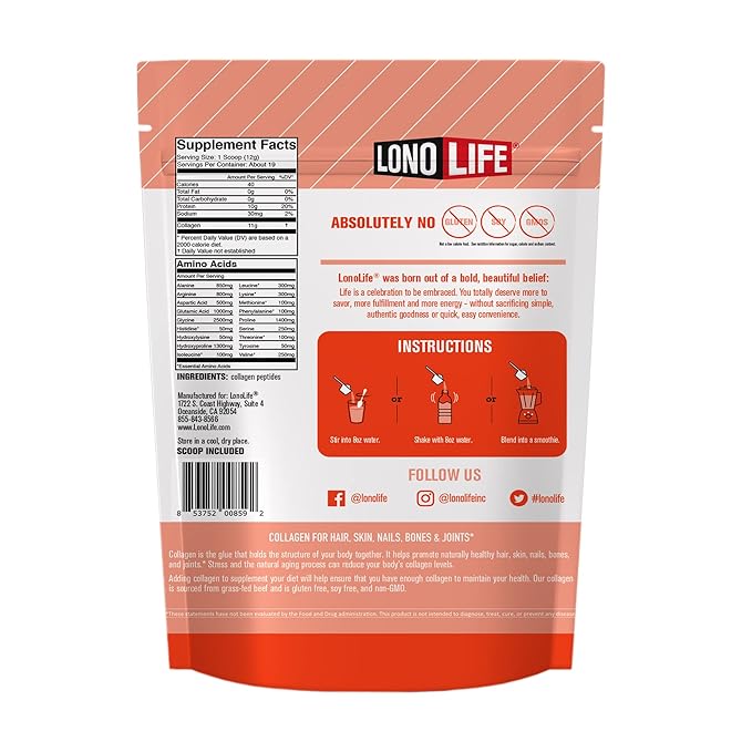 LonoLife - Unflavored Collagen Peptides with 10g Protein, Paleo and Keto Friendly, 8-Ounce Bulk Container - Packaging May Vary