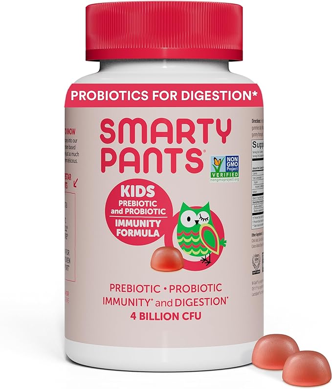 SmartyPants Kids Probiotic & Prebiotic Gummies for Digestive Health: 4 Billion CFU Gut Health Supplement, Clinically Studied Prebiotic for Immune Support, Strawberry, 60 Count (30 Day Supply)