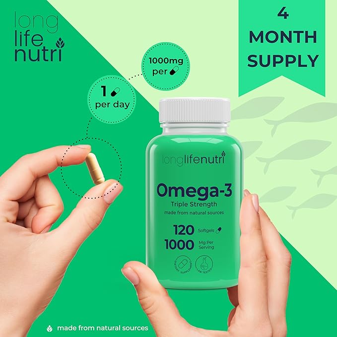Omega 3 Fish Oil 1000mg - with High EPA & DHA, 120 Softgels, Fatty Acids Supplement for Cognitive Function, from Salmon, 4-Month Supply, GMP Certified, Made in USA